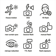 Fototapeta premium Flash Photography Icons. Outline icon set of flash photography concepts: freeze motion, high speed sync, fill flash, red-eye