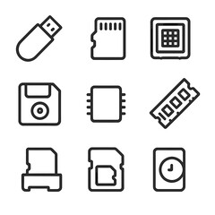 Flash Storage Icons. Outline icon set of flash storage devices: USB flash drive, microSD card, flash memory, flash disk, flash