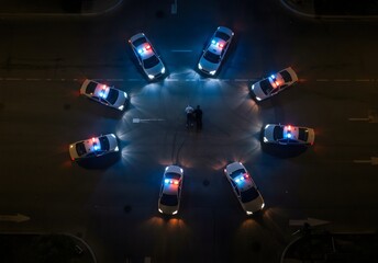Aerial View of a Police Chase or Roadblock, a dramatic nighttime scene of multiple police cars at a busy intersection
