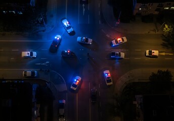 Aerial View of a Police Chase or Roadblock, a dramatic nighttime scene of multiple police cars at a busy intersection