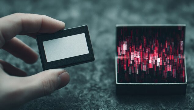 Hand holds a small black box with blank white space, contrasted by a box with glowing red data streams