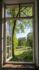 window with a summer forest view. sunny day. fresh air from the park trees