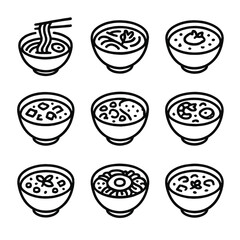 Global Cuisine Bowl Icons. Outline icon set of global cuisine bowls: ramen bowl, pho bowl, borscht bowl, miso bowl, curry bowl,