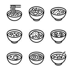 Global Cuisine Bowl Icons. Outline icon set of global cuisine bowls: ramen bowl, pho bowl, borscht bowl, miso bowl, curry bowl,