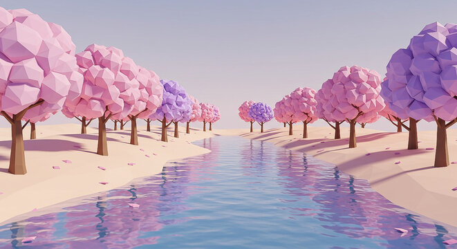 3D rendered illustration of a serene landscape with pink and purple trees lining a calm blue river on a sandy shore with a clear sky.