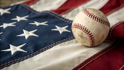 A close up of a baseball on an American flag. Celebrating sport and country.