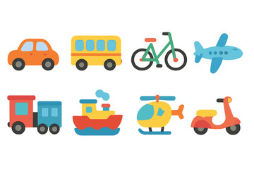 Naklejka premium Colorful Vehicle Icons. Flat icon set of transportation vehicles in colors children's illustrations: car, bus, bicycle, airplane,