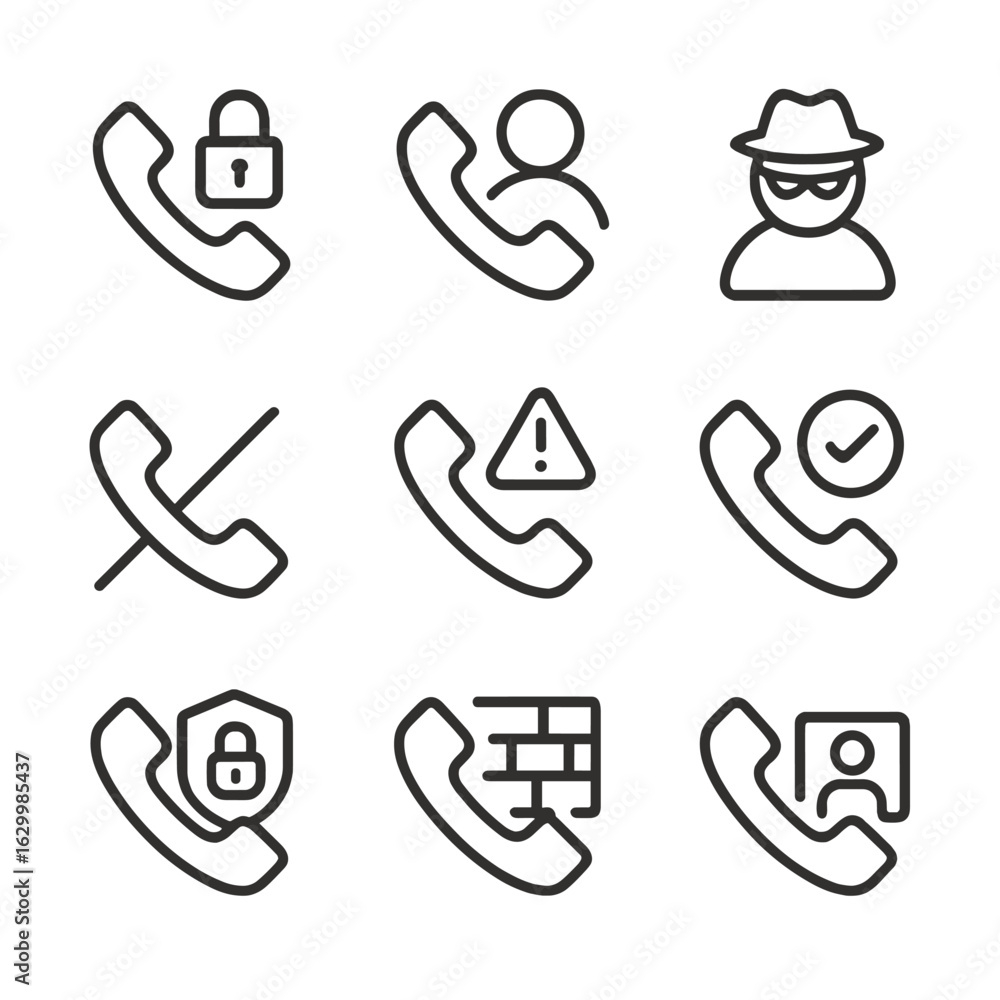 Poster call security icons. outline icon set of call privacy and security: encrypted call, private call, an
