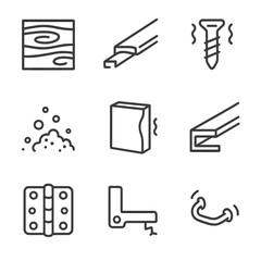 Fototapeta premium Common Jam Causes Icons. Outline icon set of common jam causes: warped wood panel, bent slide rail, stuck screw, debris pile,