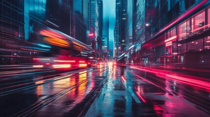 Fototapeta premium Neon lights illuminate a rainy city street at night.