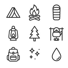 Camping Icon Set. Outline icon set of camping fresh air: tent outline, campfire embers, sleeping bag silhouette, lantern outline,