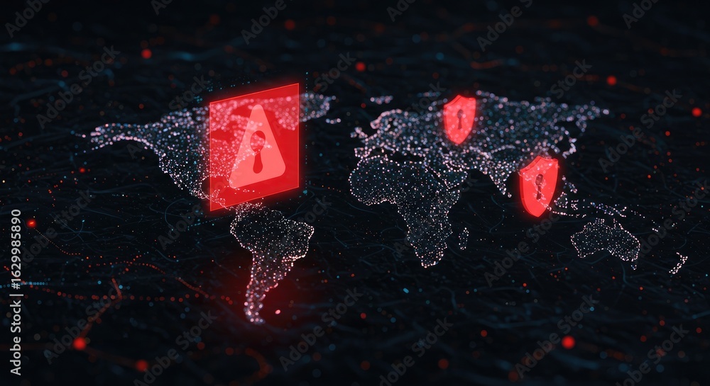 Poster global cybersecurity risk awareness world map graphic showing security vulnerabilities and threats