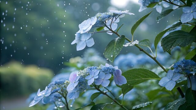 Delicate Blue Hydrangea Petals in Ethereal Light Rainy Season Summer Garden