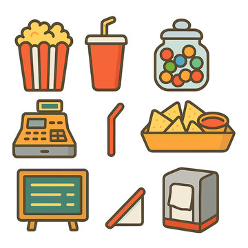 Concession Stand Icons. Flat vector mini-illustrations concession stand snacks in colors children's illustrations: popcorn box,