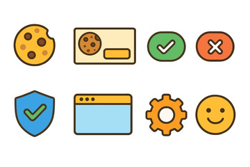 Cookie Consent Icons. Flat vector mini-illustrations cookie consent management in colors children's illustrations: cookie icon,