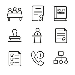 Corporate Governance Icons. Outline icon set of corporate governance and ethics compliance: board meeting table, corporate charter