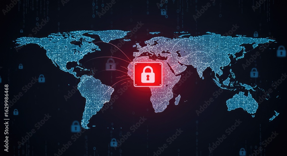 Aufkleber global digital security network map with security lock on world map technology concept