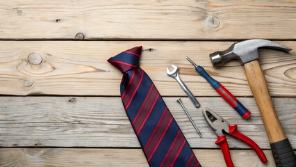 Father's Day Gift Corner with Tools and Necktie on Rustic Wooden Background