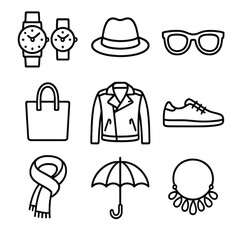 Couple Fashion Icons. Outline icon set of couple fashion accessories: matching wristwatch, fedora hat, sunglasses, tote bag,