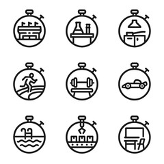 Fototapeta premium Chronometer Icon Set. Outline icon set of chronometer environments: sports arena, lab bench, kitchen, running track, gym, race car