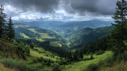 Obraz premium A panoramic view of rolling green hills under a cloudy, dramatic sky