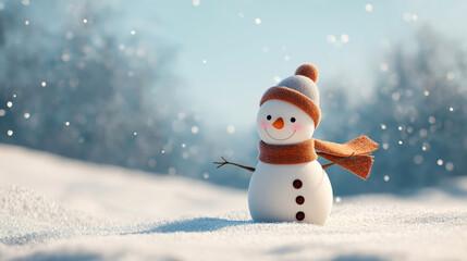 Fototapeta premium Snowman wearing orange hat and scarf standing in snowy landscape with falling snow.