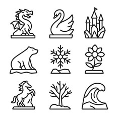 Ice Sculpture Icons. Outline icon set of ice sculpture: ice dragon, frozen swan, crystal castle, snowflake pattern, ice bear,