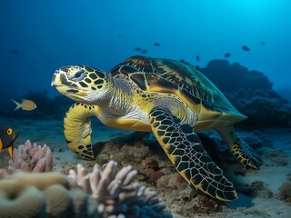 Fototapeta premium Hawksbill sea turtle swimming gracefully over a coral reef in clear blue ocean water