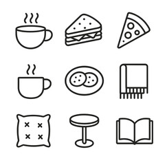 Cozy Icon Set. Outline icon set of cozy living room meals: soup mug, sandwich, pizza slice, coffee cup, cookie plate, throw
