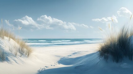 Photograph of a serene beach scene featuring dunes, ocean waves, and expansive blue sky with scattered clouds.