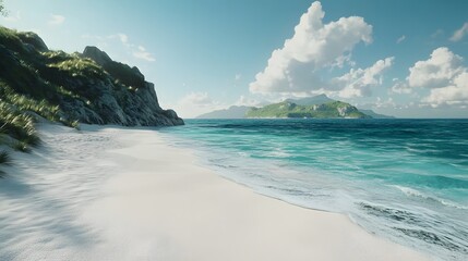 Photograph of a serene beach with turquoise water, white sand, and distant islands under expansive blue skies.