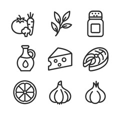 Culinary Icon Collection. Outline icon set of culinary ingredients: fresh vegetables, aromatic herbs, spice jar, olive oil bottle,
