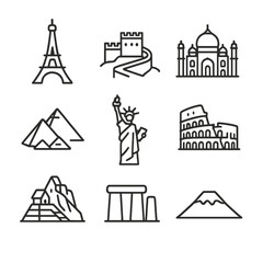 Cultural Landmark Icons. Outline icon set of cultural landmarks: Eiffel Tower, Great Wall, Taj Mahal, Pyramids, Statue of Liberty,