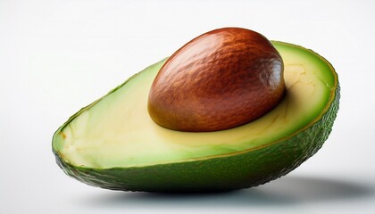 a ripe avocado is perfectly sliced in half revealing its creamy green flesh and brown seed the neutral background highlights the avocado s natural colors and smooth texture creating a clean visual