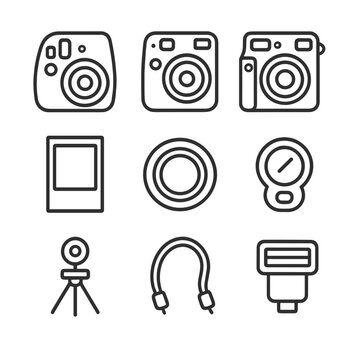 Instax Camera Icon Set. Outline icon set of instax camera models: instax mini camera, instax square camera, instax wide camera,