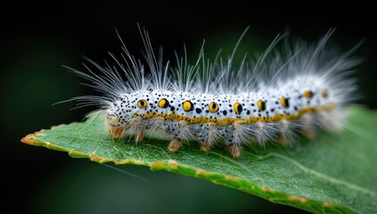 Naklejka premium Close-up of a fuzzy, white caterpillar with black and yellow spots, crawling on a vibrant green leaf