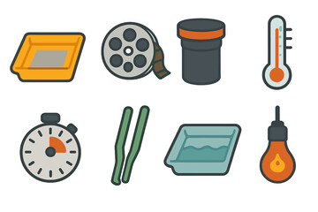 Darkroom Development Icons. Flat vector mini-illustrations darkroom film development in colors children's illustrations: developer