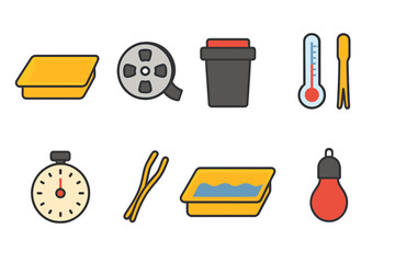 Darkroom Development Icons. Flat vector mini-illustrations darkroom film development in colors children's illustrations: developer