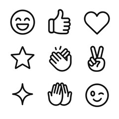 Fototapeta premium Joyful Icons Set. Outline icon set of yay emotions: joyful face, thumbs up, heart, star, clapping hands, peace sign, sparkle, high