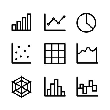 Data Visualization Icons. Outline icon set of data visualization components: bar chart, line chart, pie chart, scatter plot, heat