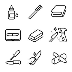 Fototapeta premium Knife Maintenance Icons. Outline icon set of knife maintenance: oil bottle, cleaning brush, cloth, storage case, sharpening stone,