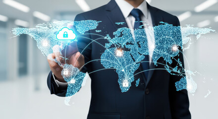businessman touching a digital world map with glowing connections and a security lock icon, representing global connectivity and cybersecurity