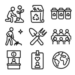Community Eco Icons. Solid, filled icon set of community eco projects: tree planting, composting, recycling bins, clean street,
