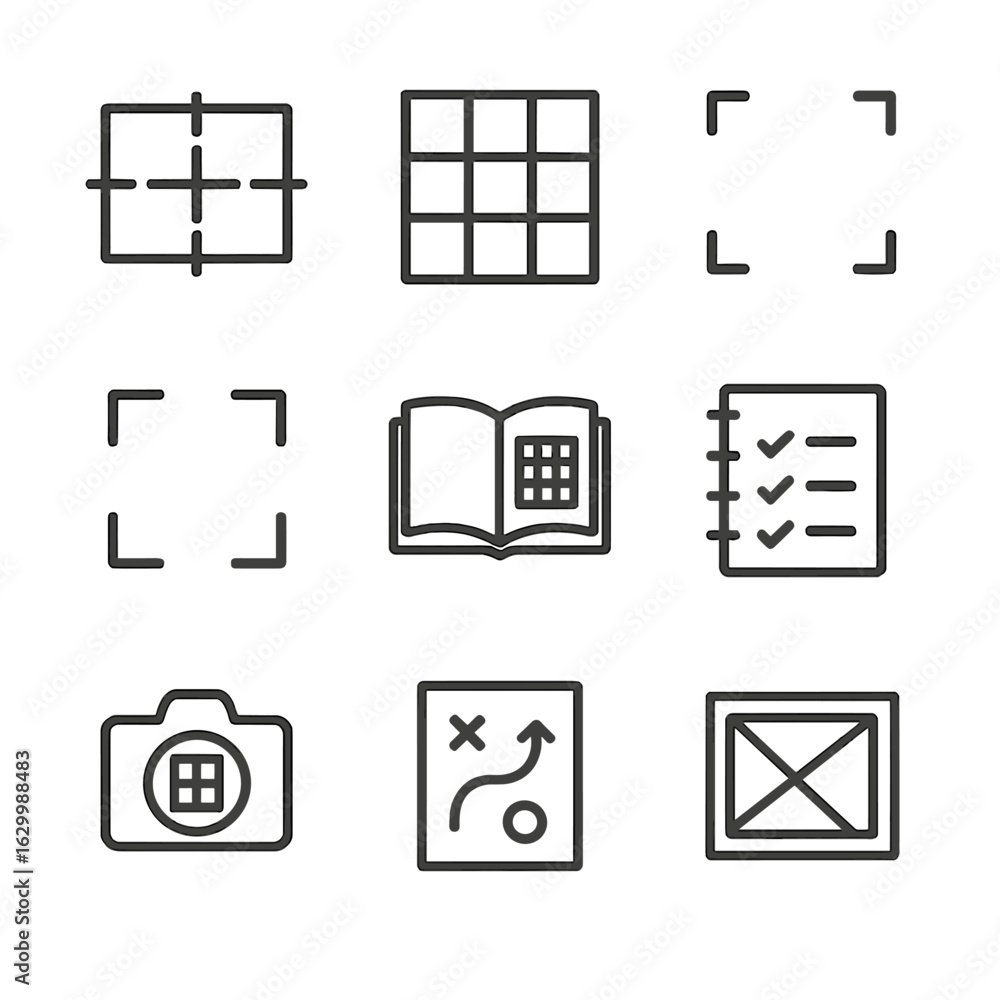 Aufkleber compositional guides icon set. outline icon set of compositional guides: rule overlay, grid template