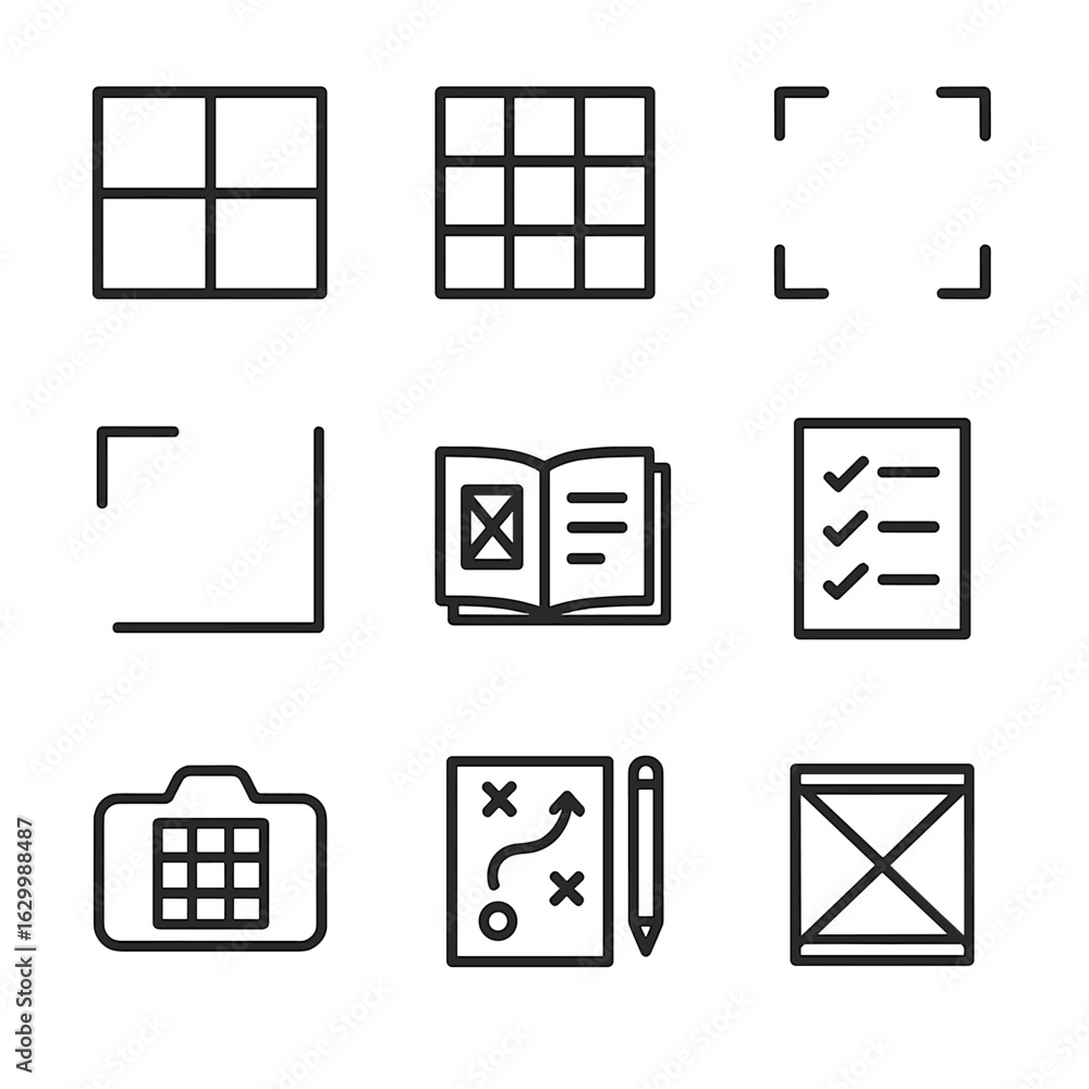 Poster compositional guides icon set. outline icon set of compositional guides: rule overlay, grid template