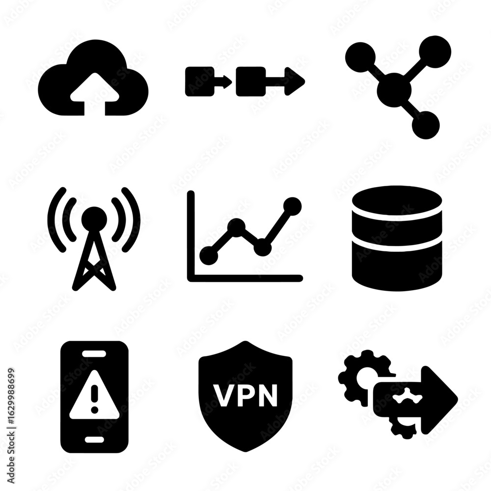 Aufkleber connectivity icon set. solid, filled icon set of connectivity and data: cloud upload, data flow, net