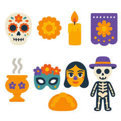 Día de los Muertos Icons. Flat vector mini-illustrations Día de los Muertos remembrance in colors children's illustrations: sugar