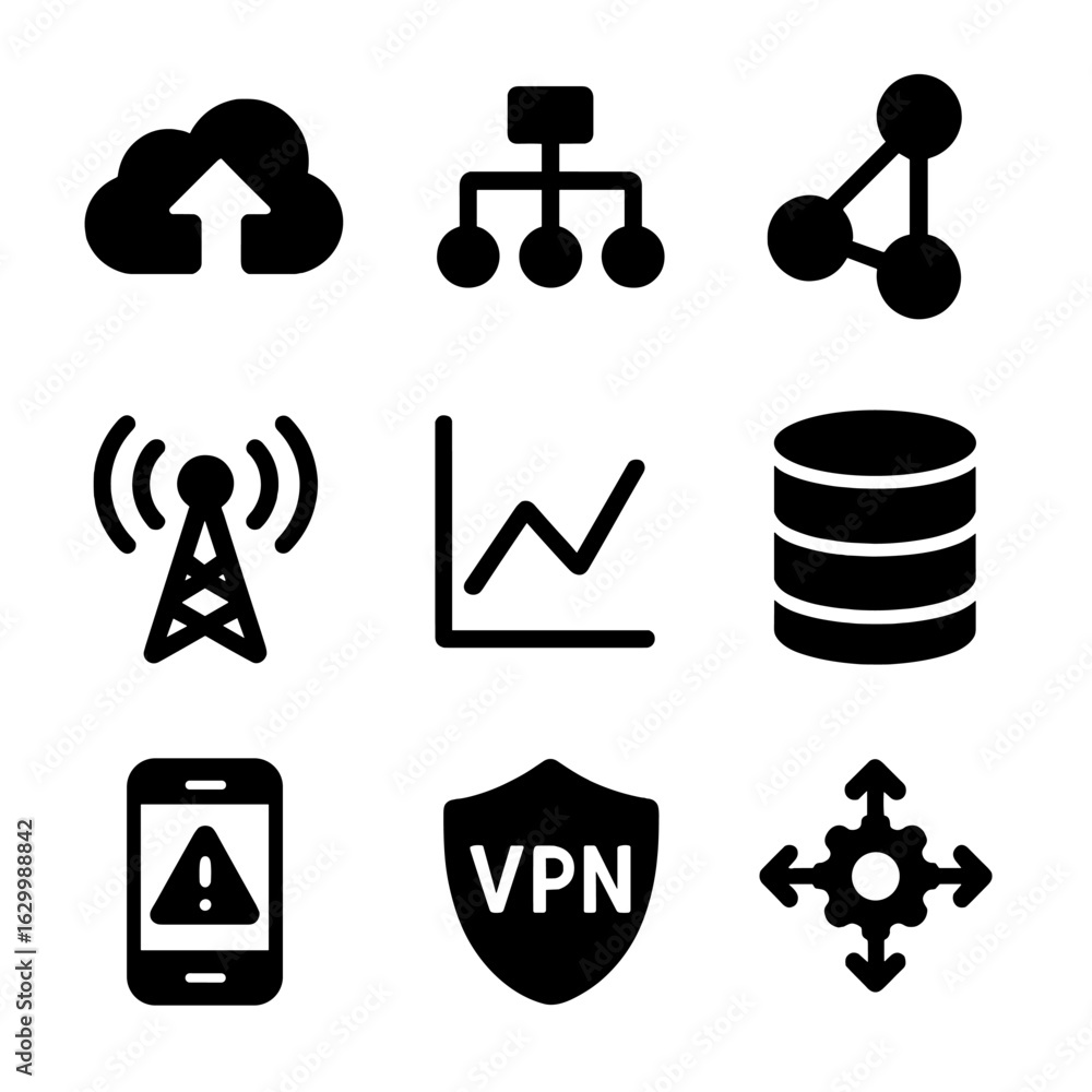 Poster connectivity icon set. solid, filled icon set of connectivity and data: cloud upload, data flow, net