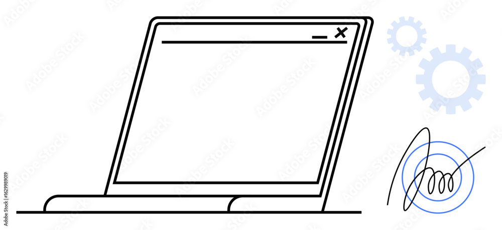 Poster laptop screen with navigation bar, gears representing process automation, and a digital handwritten 