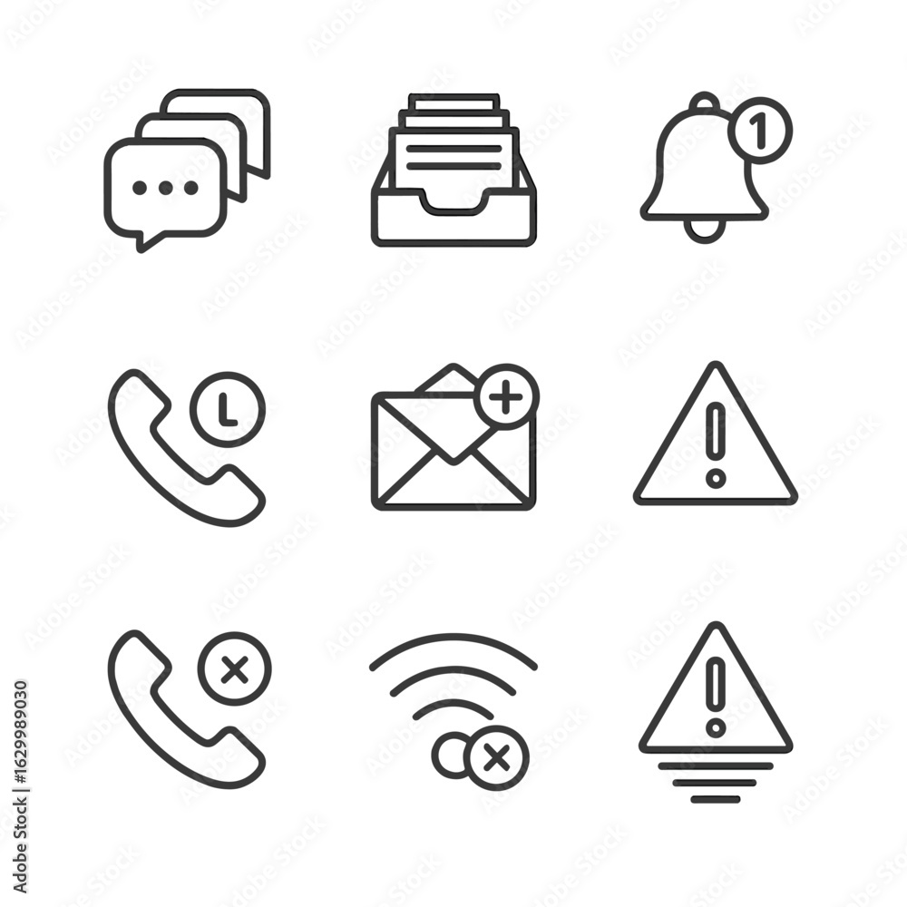 Aufkleber communication overload icons. outline icon set of overload in communication systems: message flood, 